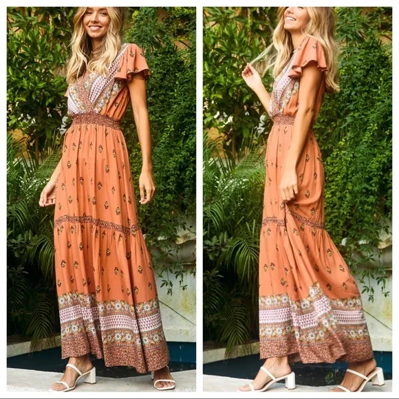 Fabulous Natalie Short Flowy Sleeves Print Maxi Boho Dress - Picture 1 of 3